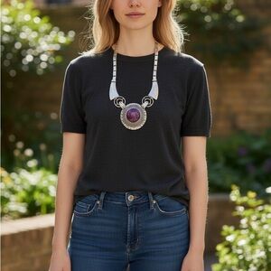 Silver Necklace with Purple Stone Pendant - Women